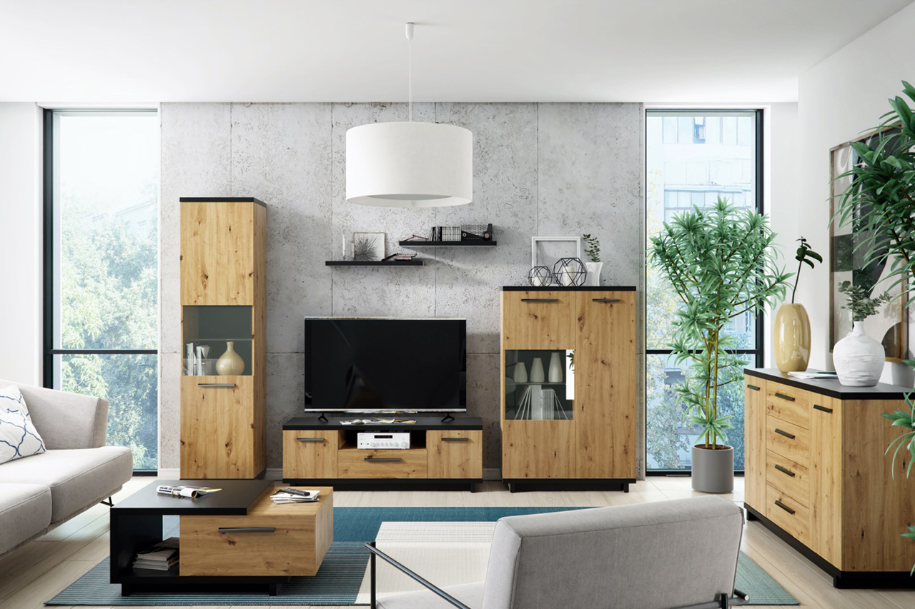 Wohnzimmer-Set INES 8 schwarz / artisan eiche