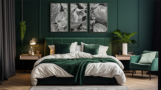 Ein flaschengrünes und weißes Schlafzimmer – Inspiration für sinnliche Arrangements